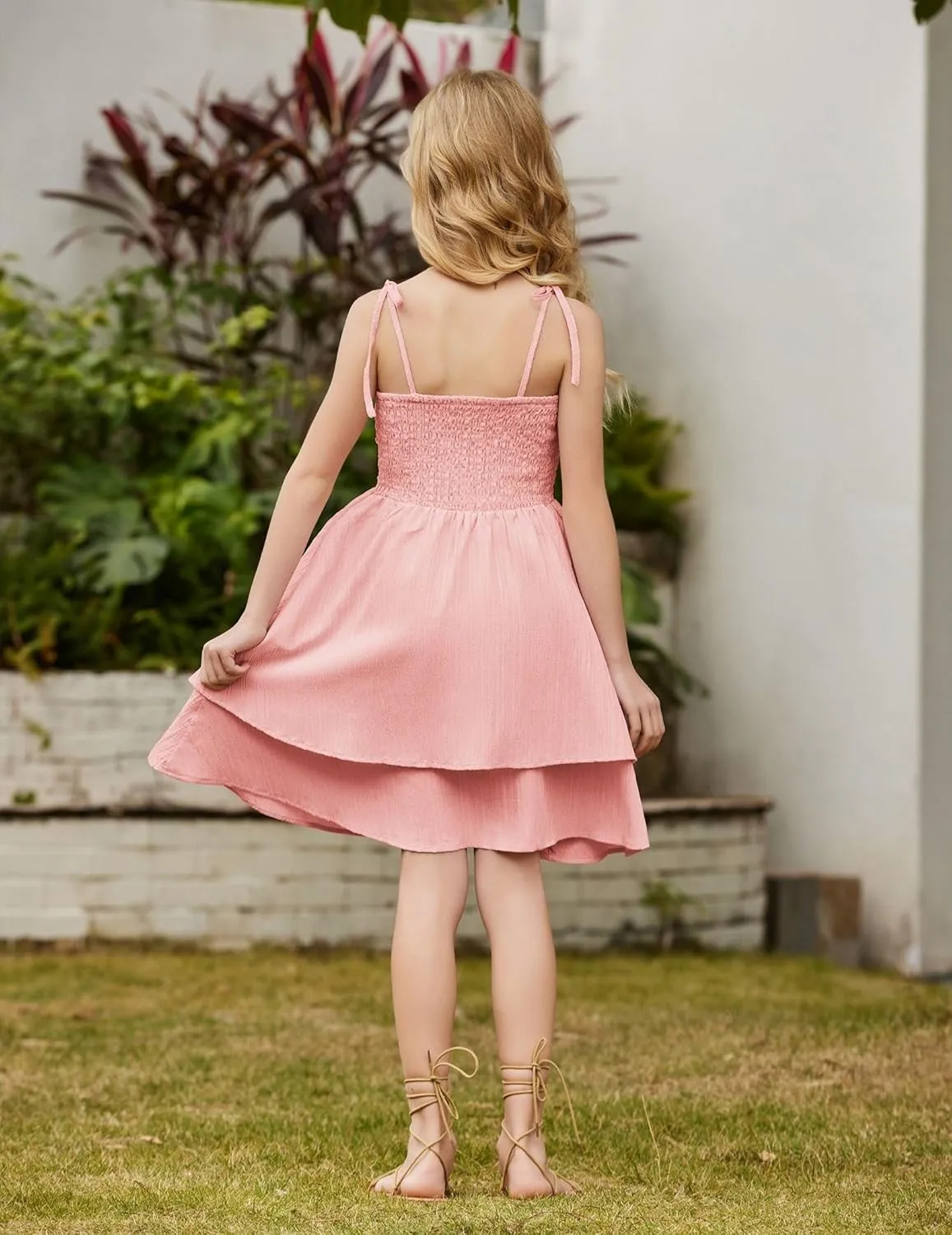 Arshiner Girls Summer Spaghetti Strap Dresses Flowy Tiered Ruched Smocked Back Casual Beach Midi Sundress