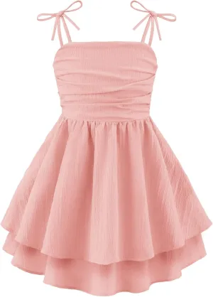 Arshiner Girls Summer Spaghetti Strap Dresses Flowy Tiered Ruched Smocked Back Casual Beach Midi Sundress