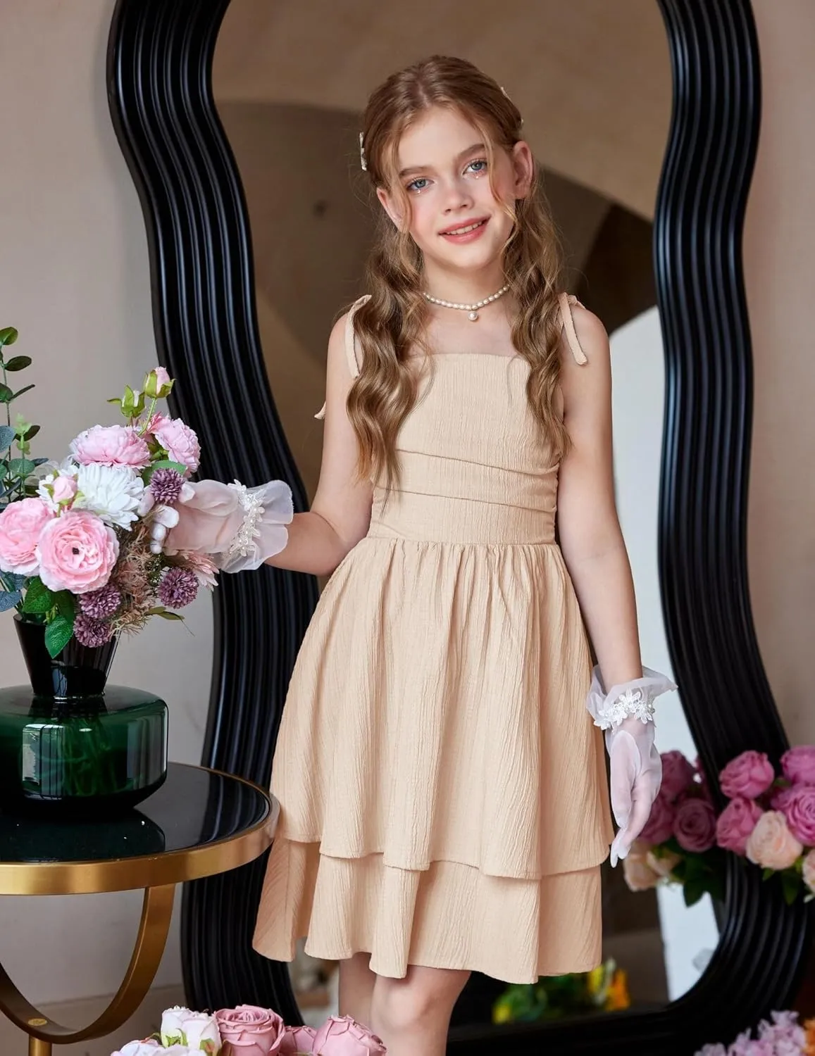 Arshiner Girls Summer Spaghetti Strap Dresses Flowy Tiered Ruched Smocked Back Casual Beach Midi Sundress