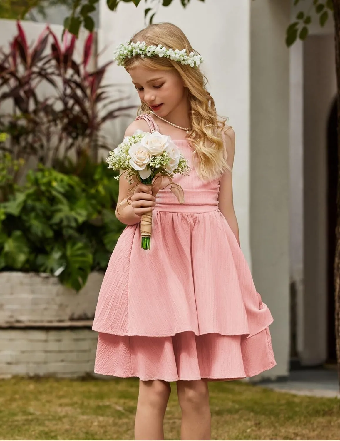 Arshiner Girls Summer Spaghetti Strap Dresses Flowy Tiered Ruched Smocked Back Casual Beach Midi Sundress