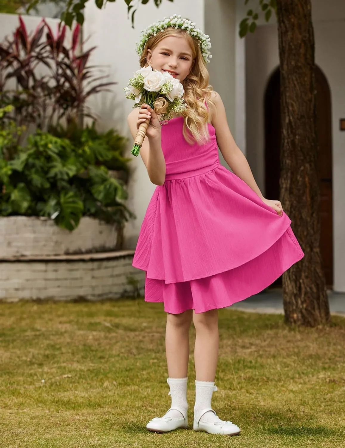 Arshiner Girls Summer Spaghetti Strap Dresses Flowy Tiered Ruched Smocked Back Casual Beach Midi Sundress