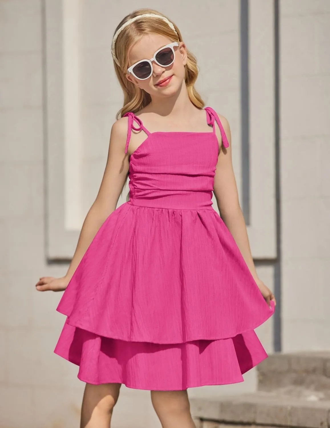 Arshiner Girls Summer Spaghetti Strap Dresses Flowy Tiered Ruched Smocked Back Casual Beach Midi Sundress