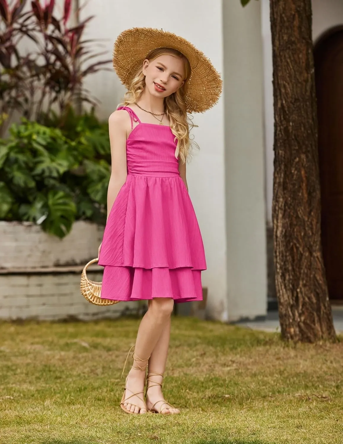 Arshiner Girls Summer Spaghetti Strap Dresses Flowy Tiered Ruched Smocked Back Casual Beach Midi Sundress