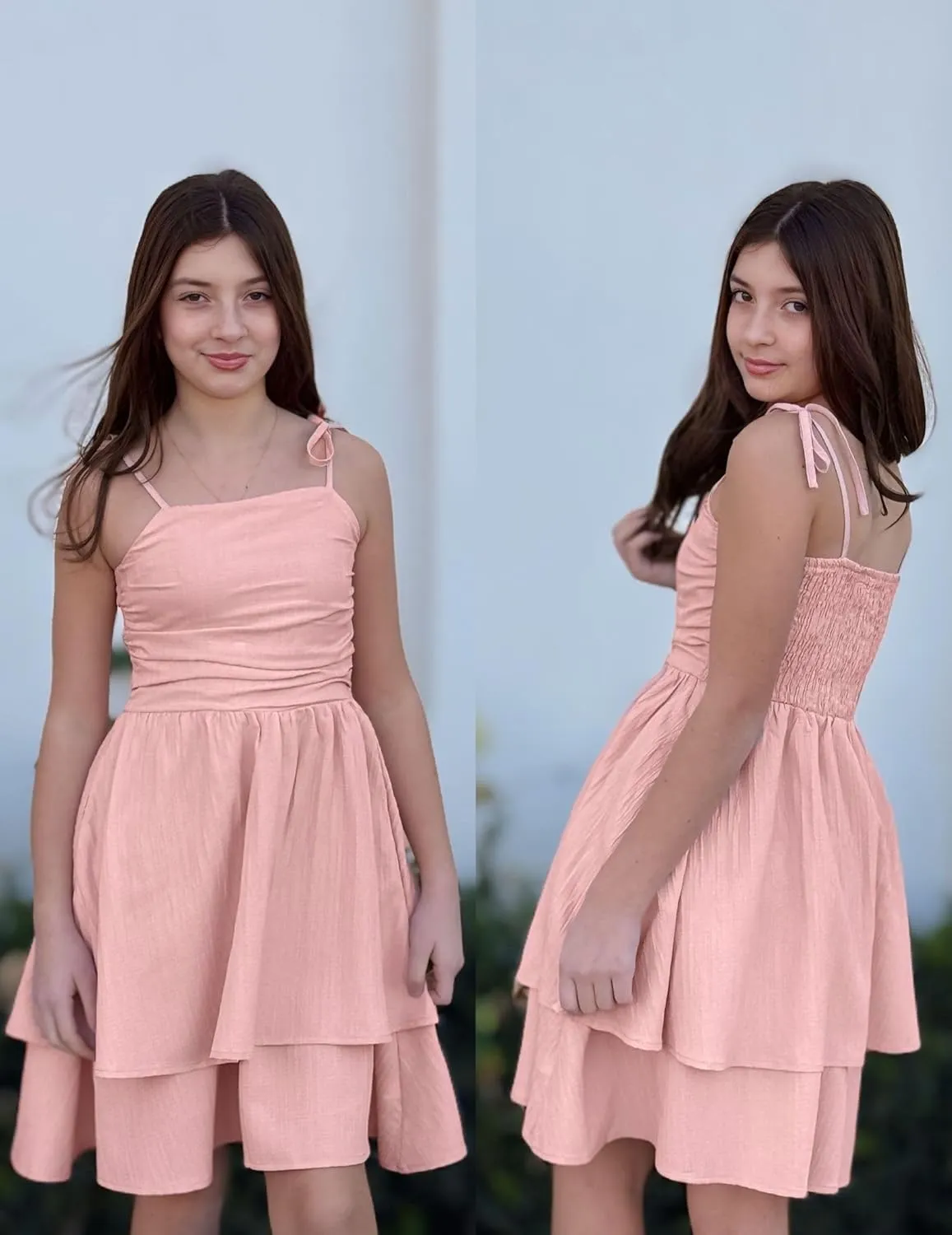 Arshiner Girls Summer Spaghetti Strap Dresses Flowy Tiered Ruched Smocked Back Casual Beach Midi Sundress