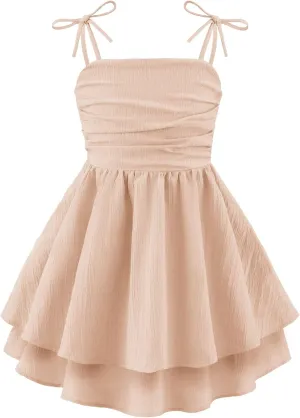 Arshiner Girls Summer Spaghetti Strap Dresses Flowy Tiered Ruched Smocked Back Casual Beach Midi Sundress