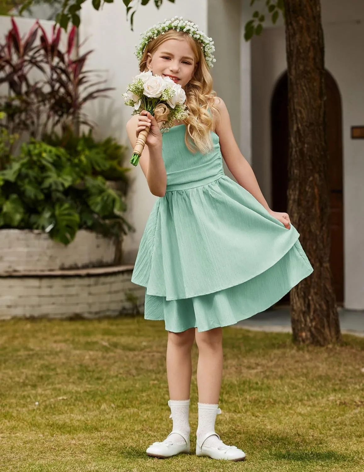 Arshiner Girls Summer Spaghetti Strap Dresses Flowy Tiered Ruched Smocked Back Casual Beach Midi Sundress