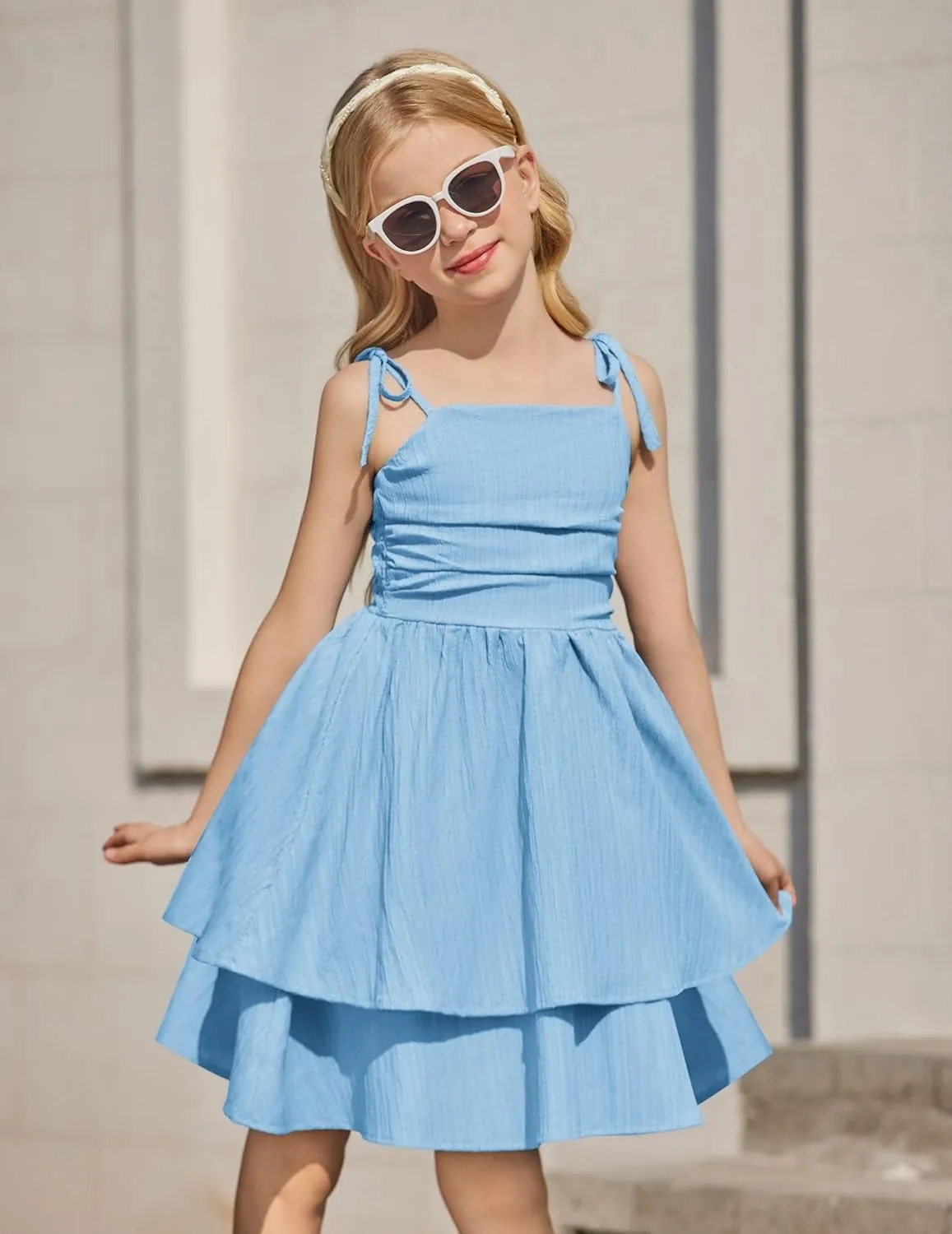 Arshiner Girls Summer Spaghetti Strap Dresses Flowy Tiered Ruched Smocked Back Casual Beach Midi Sundress