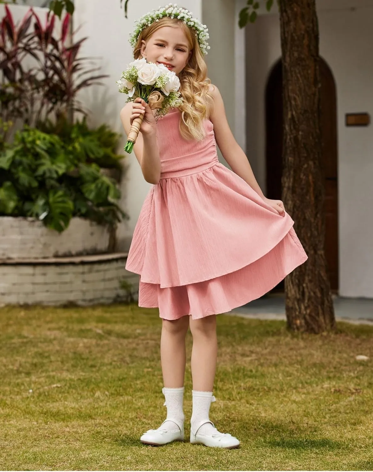 Arshiner Girls Summer Spaghetti Strap Dresses Flowy Tiered Ruched Smocked Back Casual Beach Midi Sundress