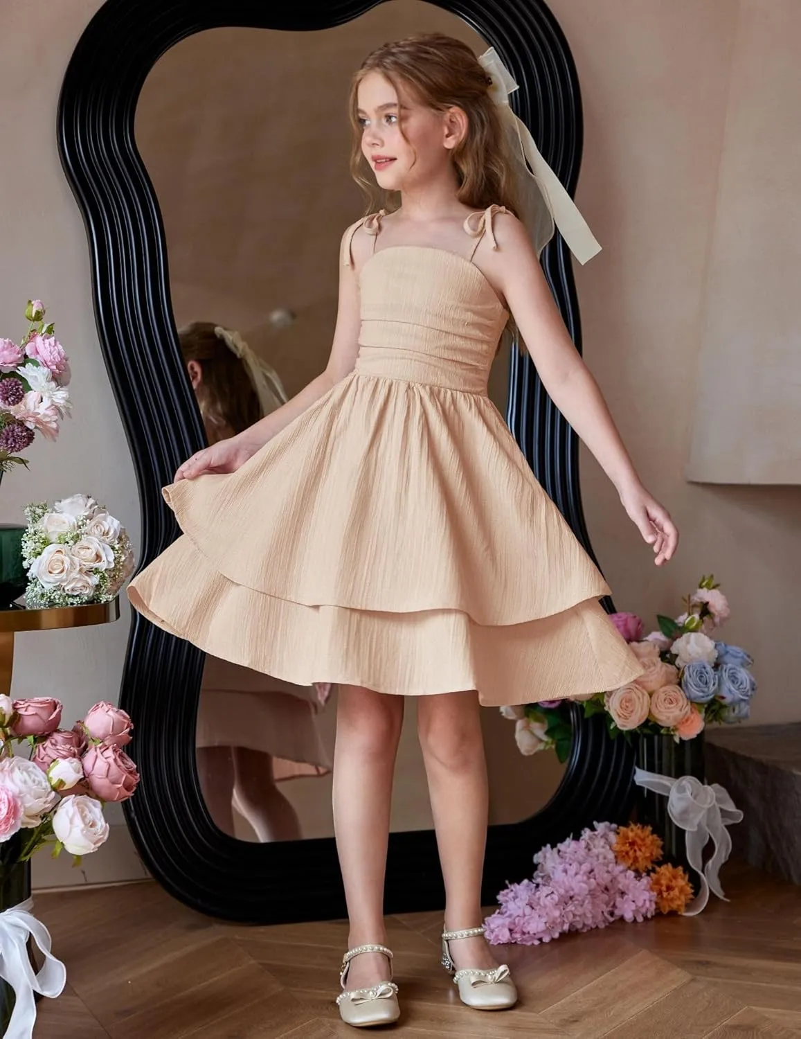 Arshiner Girls Summer Spaghetti Strap Dresses Flowy Tiered Ruched Smocked Back Casual Beach Midi Sundress
