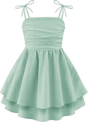 Arshiner Girls Summer Spaghetti Strap Dresses Flowy Tiered Ruched Smocked Back Casual Beach Midi Sundress