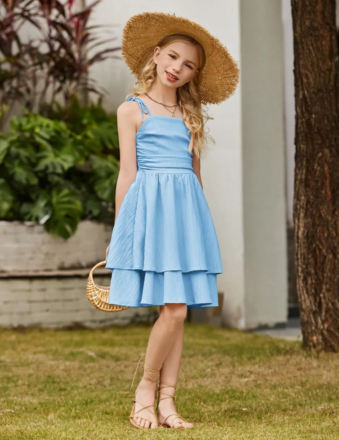 Arshiner Girls Summer Spaghetti Strap Dresses Flowy Tiered Ruched Smocked Back Casual Beach Midi Sundress