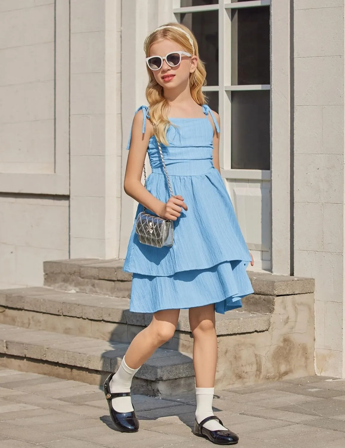 Arshiner Girls Summer Spaghetti Strap Dresses Flowy Tiered Ruched Smocked Back Casual Beach Midi Sundress