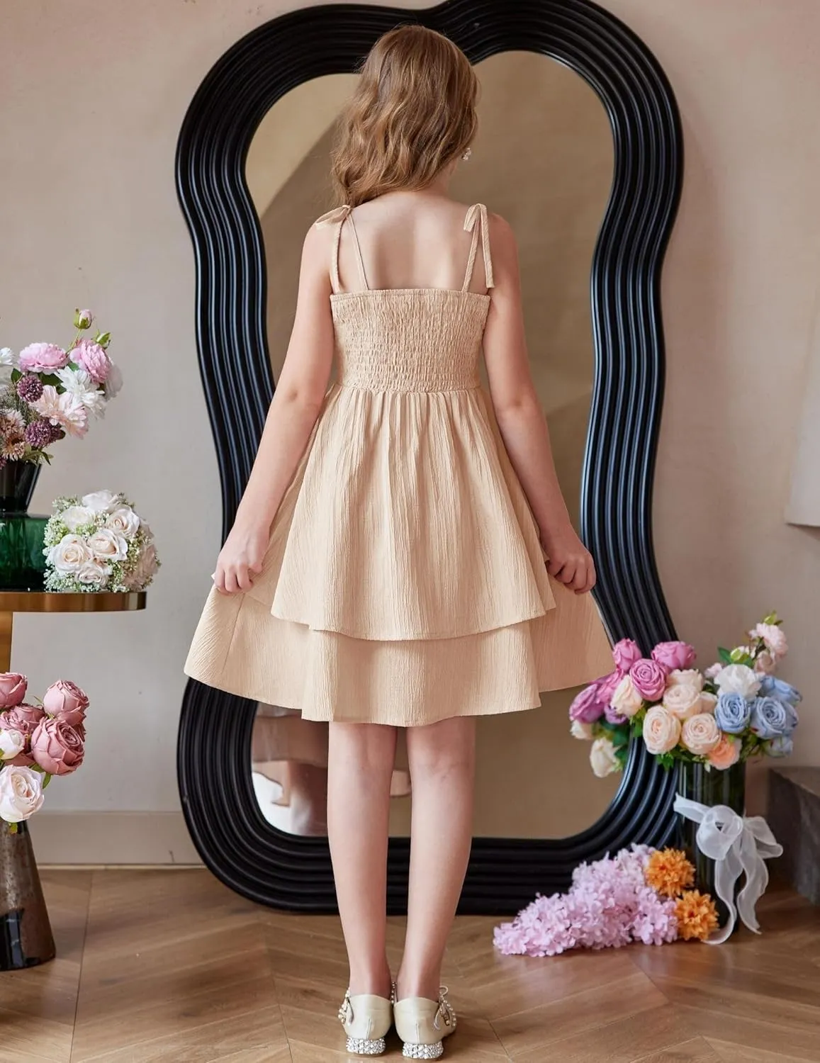 Arshiner Girls Summer Spaghetti Strap Dresses Flowy Tiered Ruched Smocked Back Casual Beach Midi Sundress