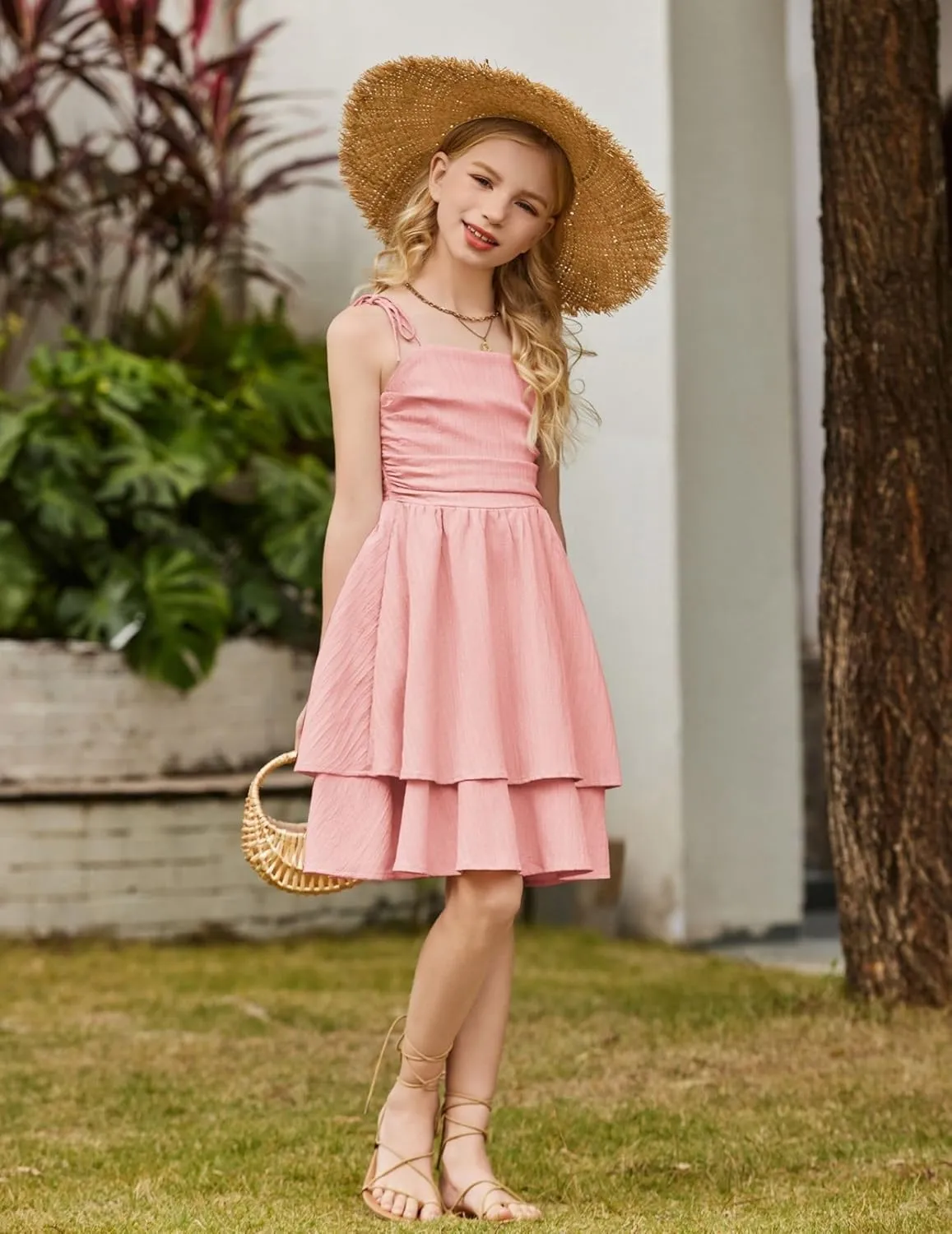 Arshiner Girls Summer Spaghetti Strap Dresses Flowy Tiered Ruched Smocked Back Casual Beach Midi Sundress