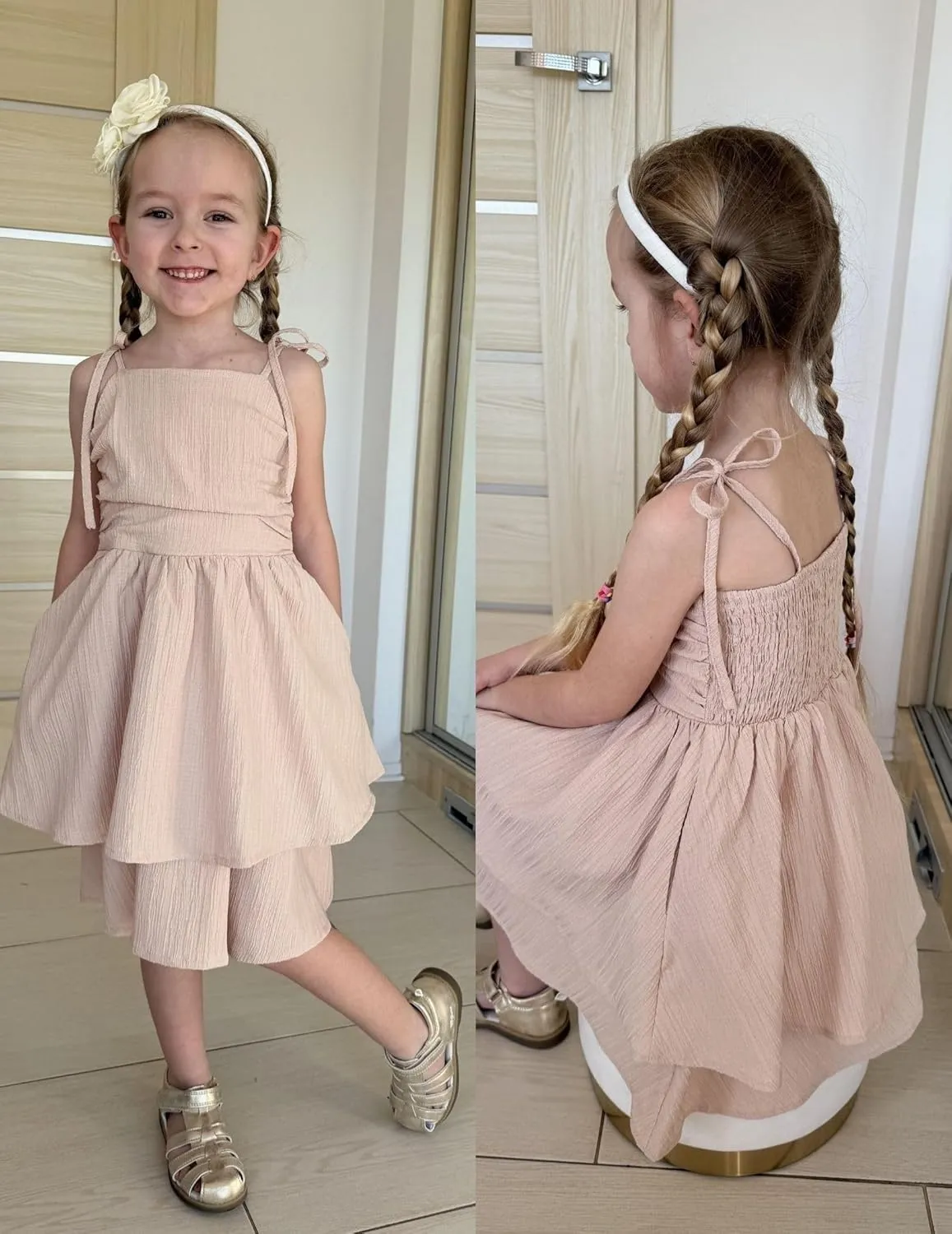Arshiner Girls Summer Spaghetti Strap Dresses Flowy Tiered Ruched Smocked Back Casual Beach Midi Sundress