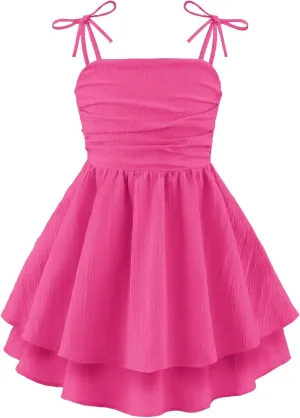 Arshiner Girls Summer Spaghetti Strap Dresses Flowy Tiered Ruched Smocked Back Casual Beach Midi Sundress