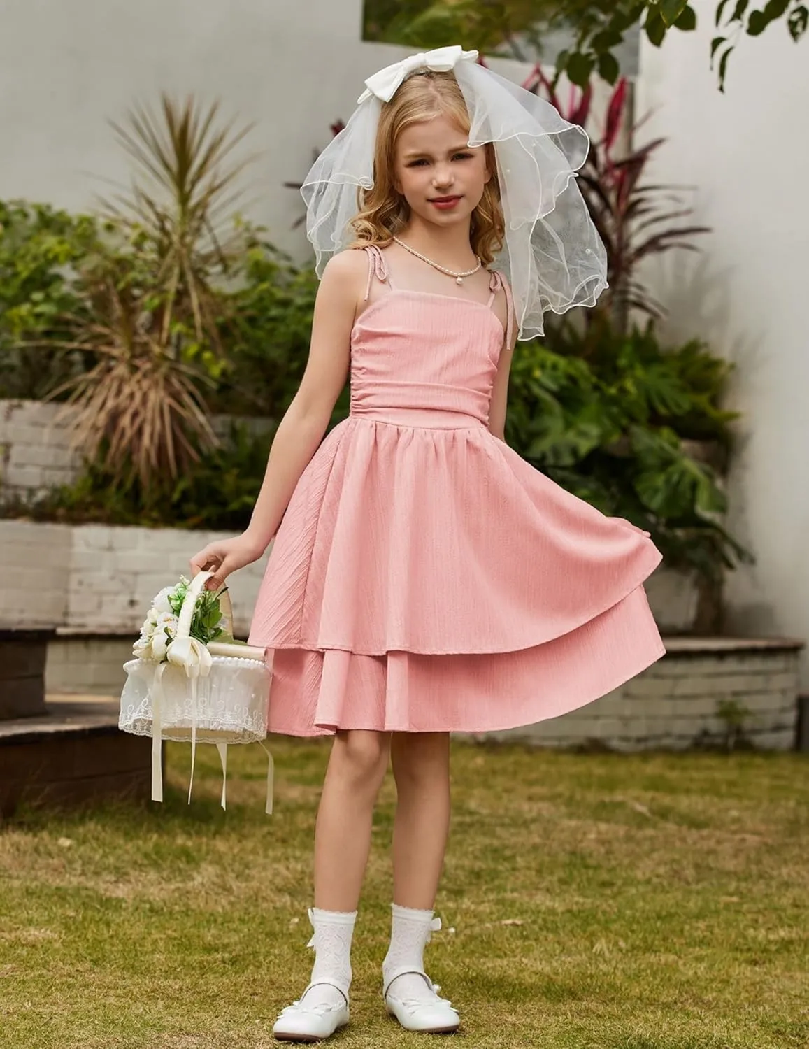 Arshiner Girls Summer Spaghetti Strap Dresses Flowy Tiered Ruched Smocked Back Casual Beach Midi Sundress