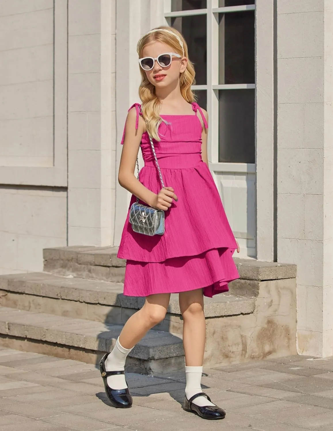 Arshiner Girls Summer Spaghetti Strap Dresses Flowy Tiered Ruched Smocked Back Casual Beach Midi Sundress