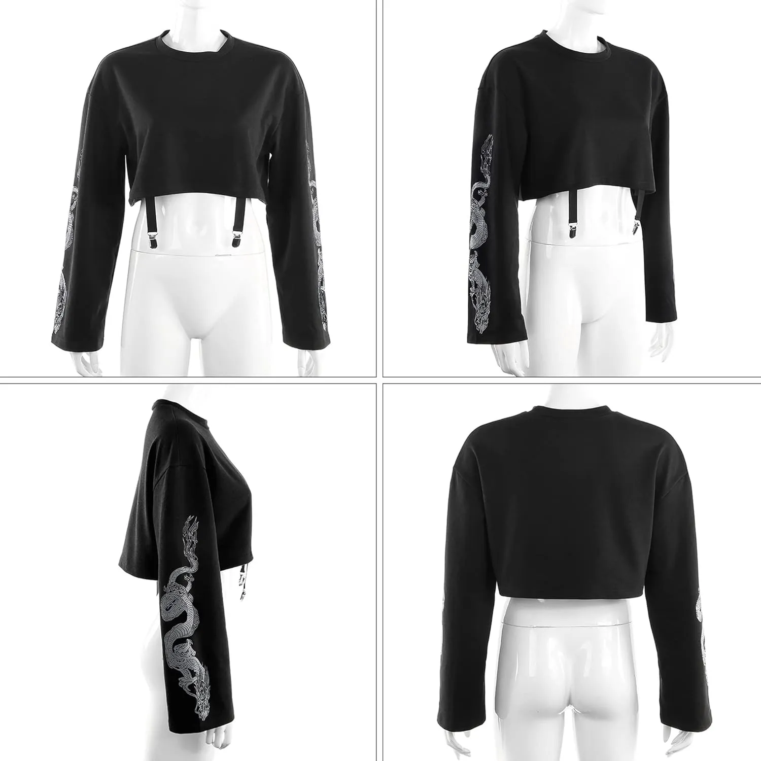AULKEEP Gothic Women Cute Crop Tops Cool Dragon Graphic Sweatshirts Goth Punk Black Crewneck Sweatshirt