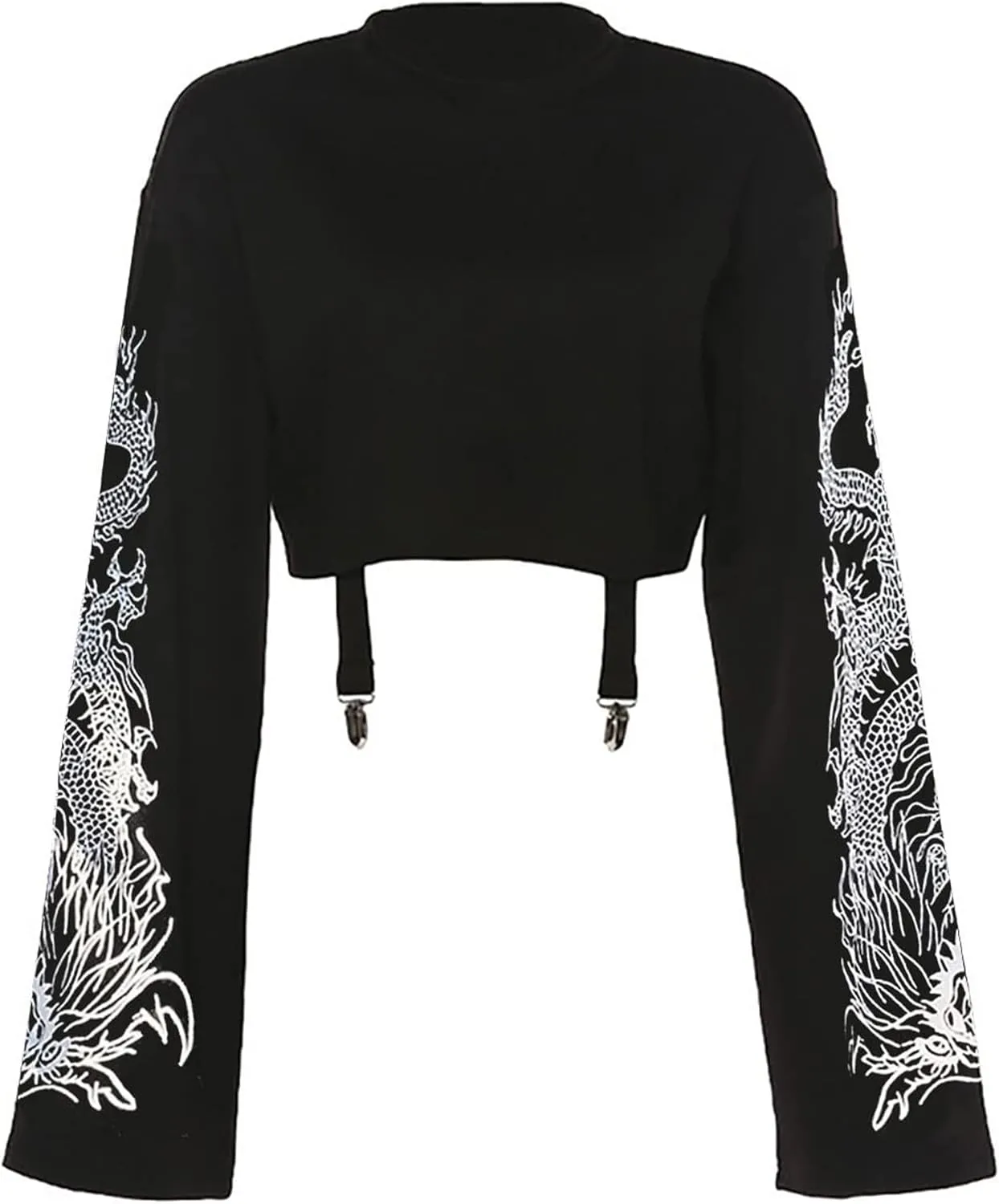 AULKEEP Gothic Women Cute Crop Tops Cool Dragon Graphic Sweatshirts Goth Punk Black Crewneck Sweatshirt