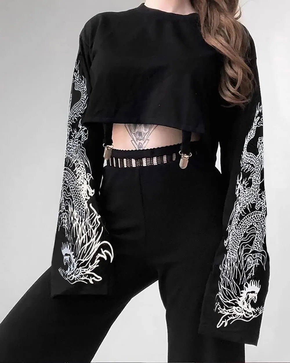 AULKEEP Gothic Women Cute Crop Tops Cool Dragon Graphic Sweatshirts Goth Punk Black Crewneck Sweatshirt