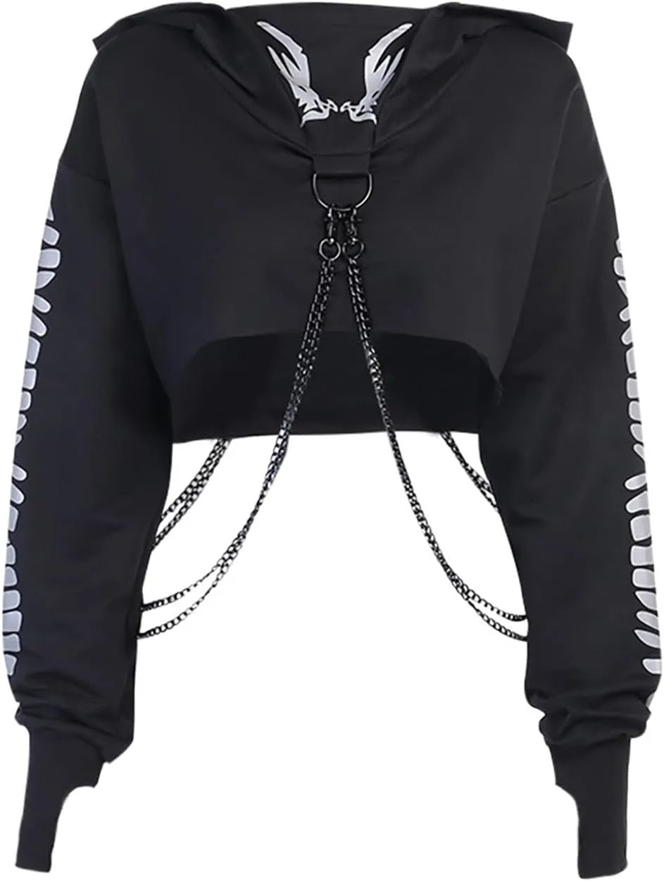 AULKEEP Womens Goth Chain Hoodie Gothic Long Sleeve Mask Sweatshirt Darkness Punk Print Sweatshirt