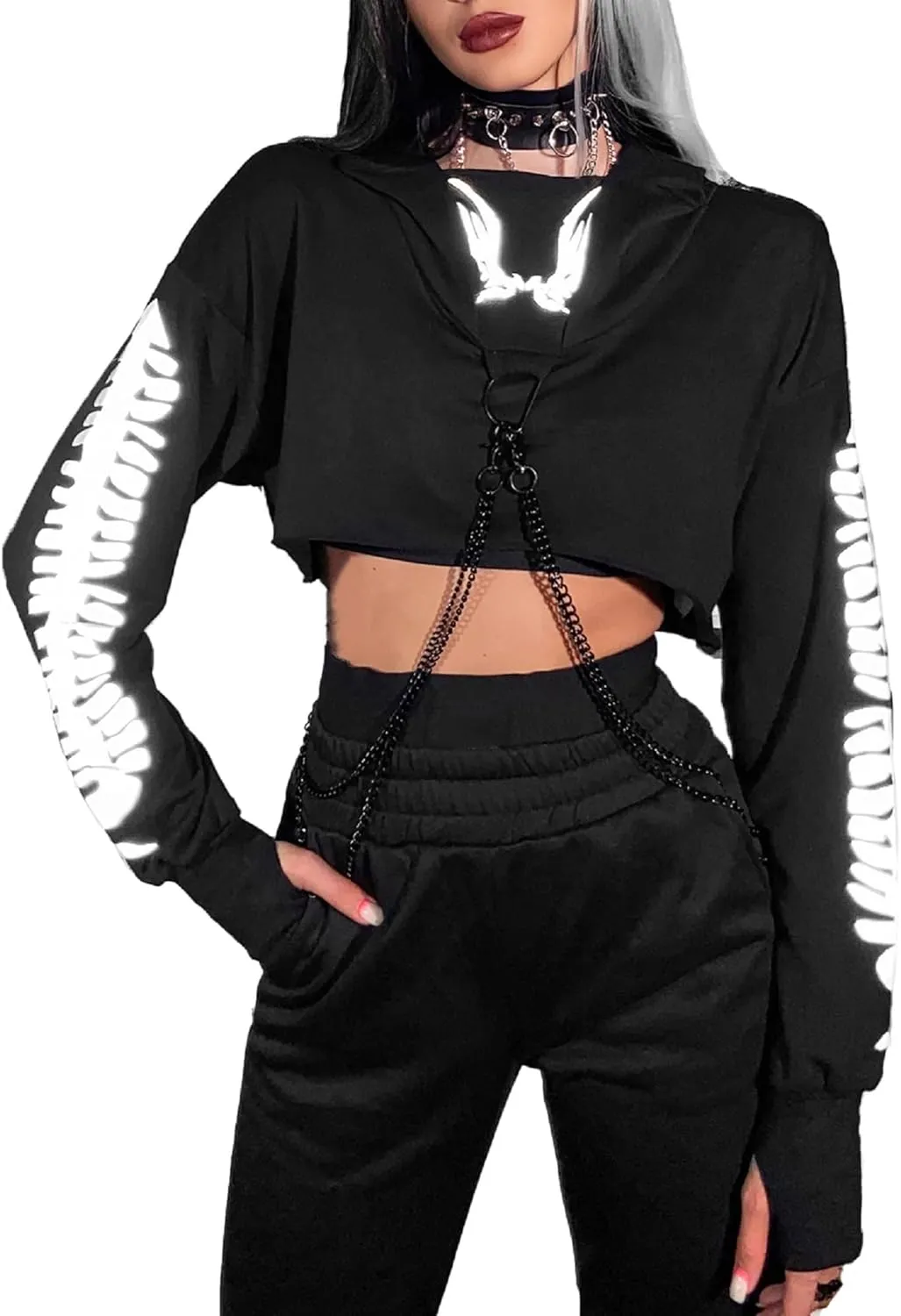 AULKEEP Womens Goth Chain Hoodie Gothic Long Sleeve Mask Sweatshirt Darkness Punk Print Sweatshirt