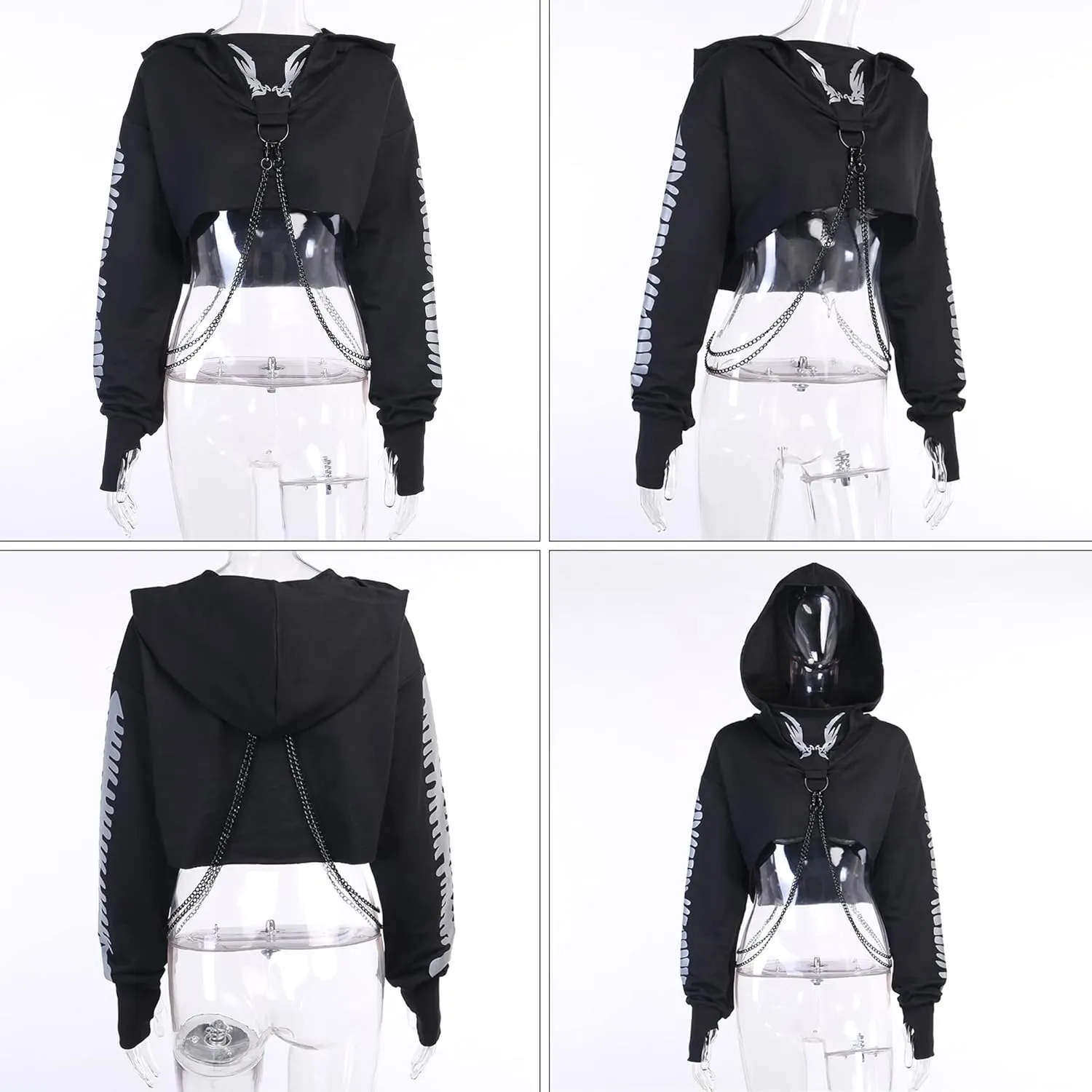 AULKEEP Womens Goth Chain Hoodie Gothic Long Sleeve Mask Sweatshirt Darkness Punk Print Sweatshirt