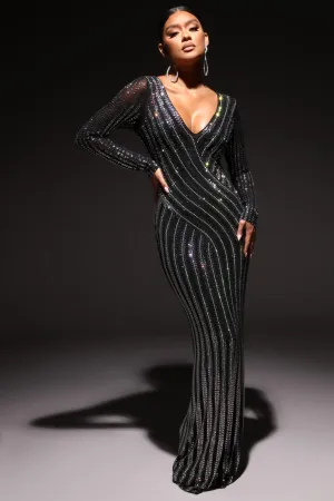 Aurora Embellished Long Sleeve Maxi Dress - Black