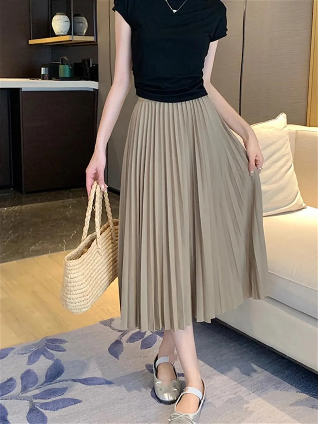 Basic Pleated Midi Long Skirt for Women Simple Solid All-Match A Line High Waist Mid-Length Skirt