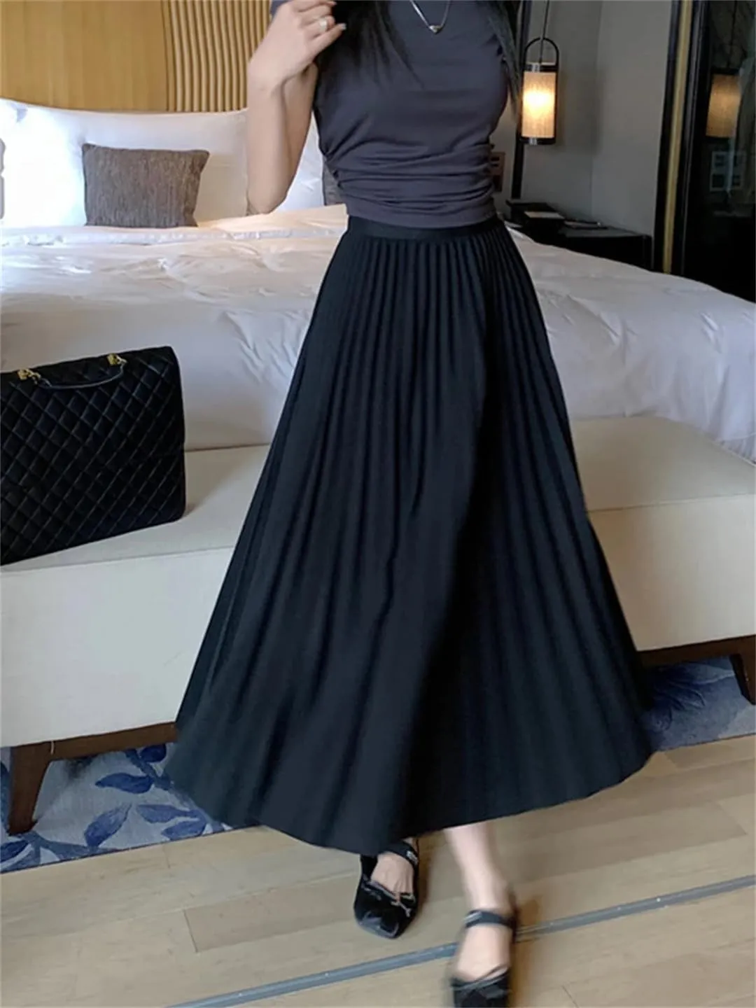 Basic Pleated Midi Long Skirt for Women Simple Solid All-Match A Line High Waist Mid-Length Skirt
