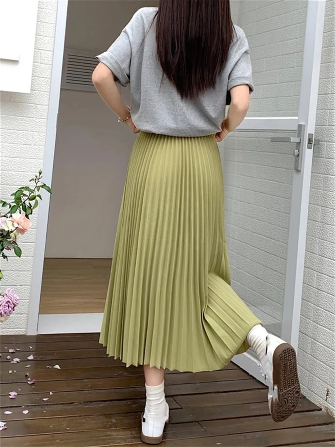 Basic Pleated Midi Long Skirt for Women Simple Solid All-Match A Line High Waist Mid-Length Skirt