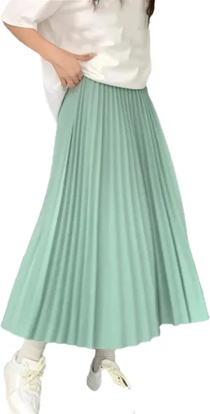 Basic Pleated Midi Long Skirt for Women Simple Solid All-Match A Line High Waist Mid-Length Skirt
