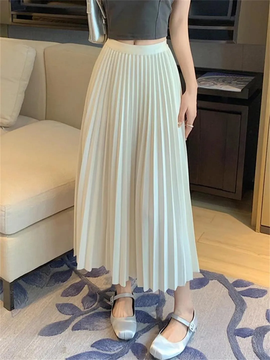 Basic Pleated Midi Long Skirt for Women Simple Solid All-Match A Line High Waist Mid-Length Skirt