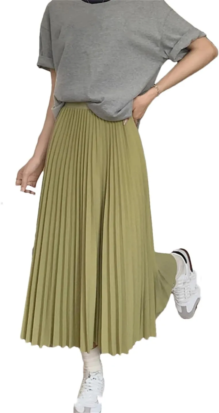 Basic Pleated Midi Long Skirt for Women Simple Solid All-Match A Line High Waist Mid-Length Skirt
