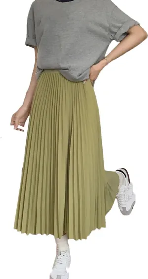 Basic Pleated Midi Long Skirt for Women Simple Solid All-Match A Line High Waist Mid-Length Skirt