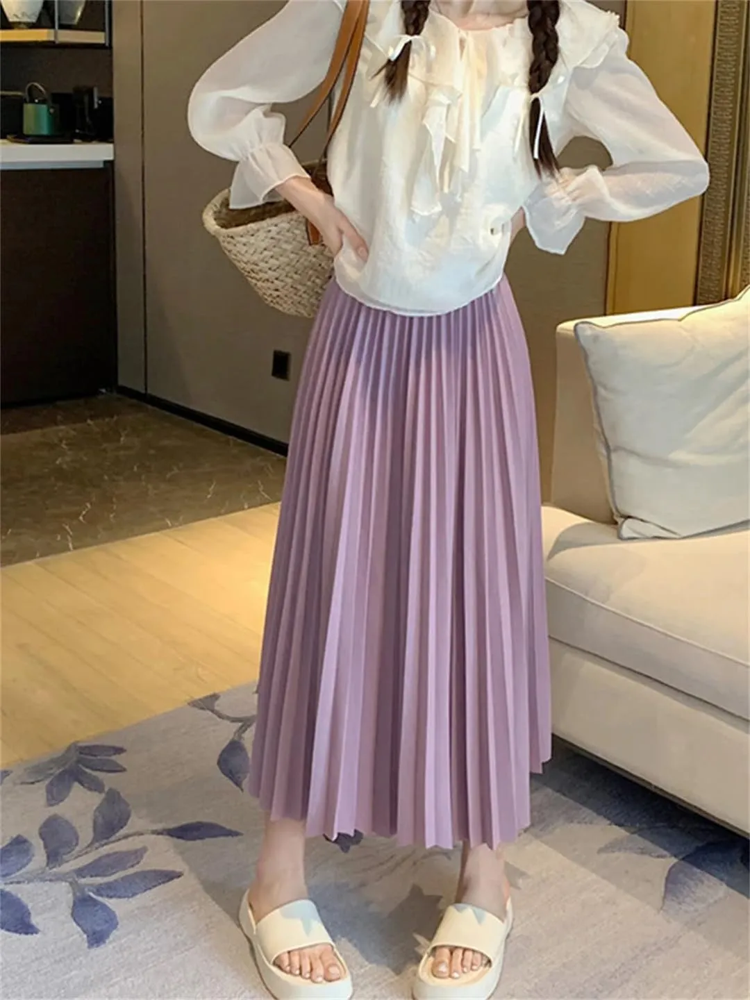 Basic Pleated Midi Long Skirt for Women Simple Solid All-Match A Line High Waist Mid-Length Skirt
