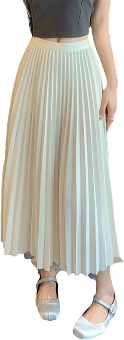 Basic Pleated Midi Long Skirt for Women Simple Solid All-Match A Line High Waist Mid-Length Skirt