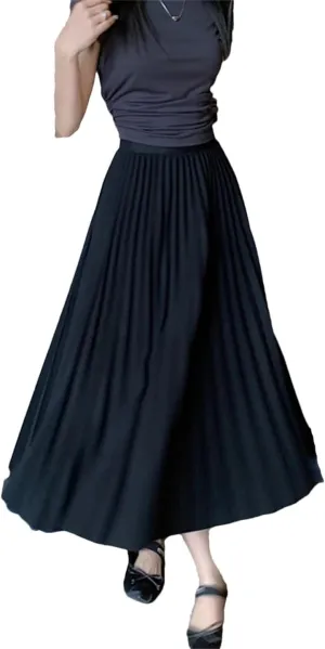 Basic Pleated Midi Long Skirt for Women Simple Solid All-Match A Line High Waist Mid-Length Skirt