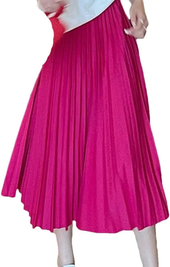Basic Pleated Midi Long Skirt for Women Simple Solid All-Match A Line High Waist Mid-Length Skirt