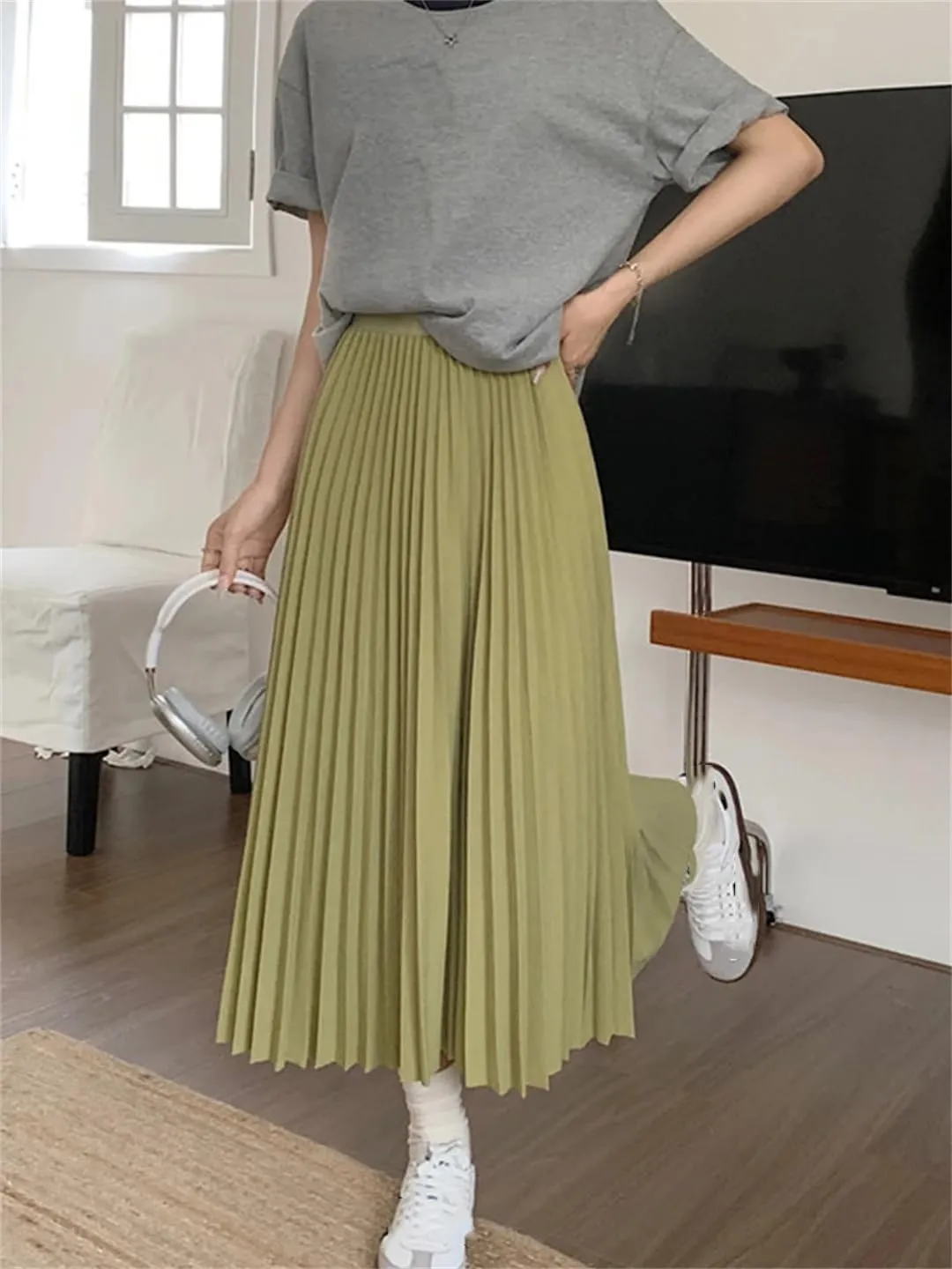 Basic Pleated Midi Long Skirt for Women Simple Solid All-Match A Line High Waist Mid-Length Skirt