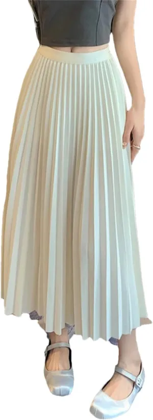 Basic Pleated Midi Long Skirt for Women Simple Solid All-Match A Line High Waist Mid-Length Skirt