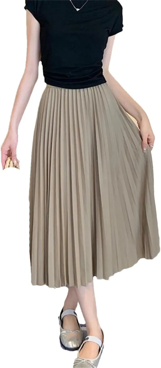 Basic Pleated Midi Long Skirt for Women Simple Solid All-Match A Line High Waist Mid-Length Skirt