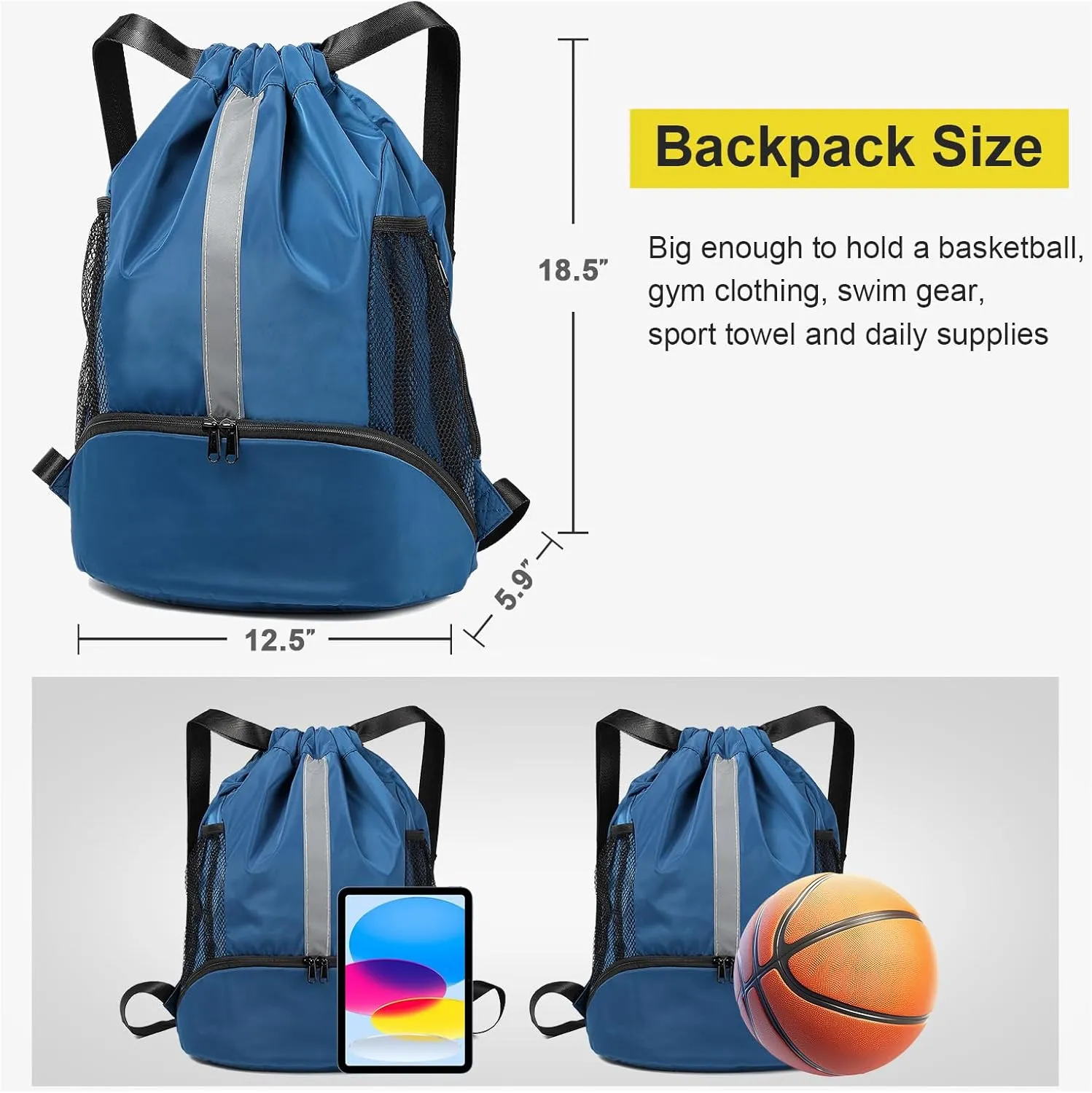 BeeGreen Drawstring Backpack Sports Gym Bag With Shoe Compartment and Two Water Bottle Holder 