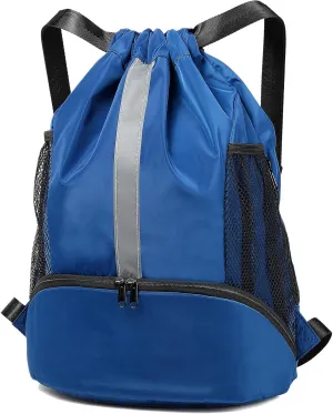 BeeGreen Drawstring Backpack Sports Gym Bag With Shoe Compartment and Two Water Bottle Holder 