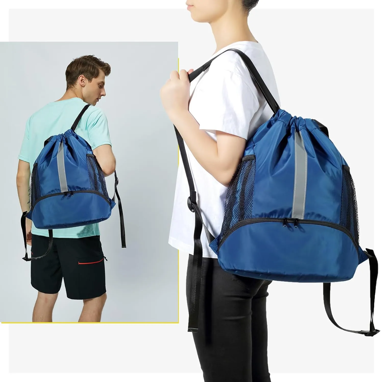 BeeGreen Drawstring Backpack Sports Gym Bag With Shoe Compartment and Two Water Bottle Holder 