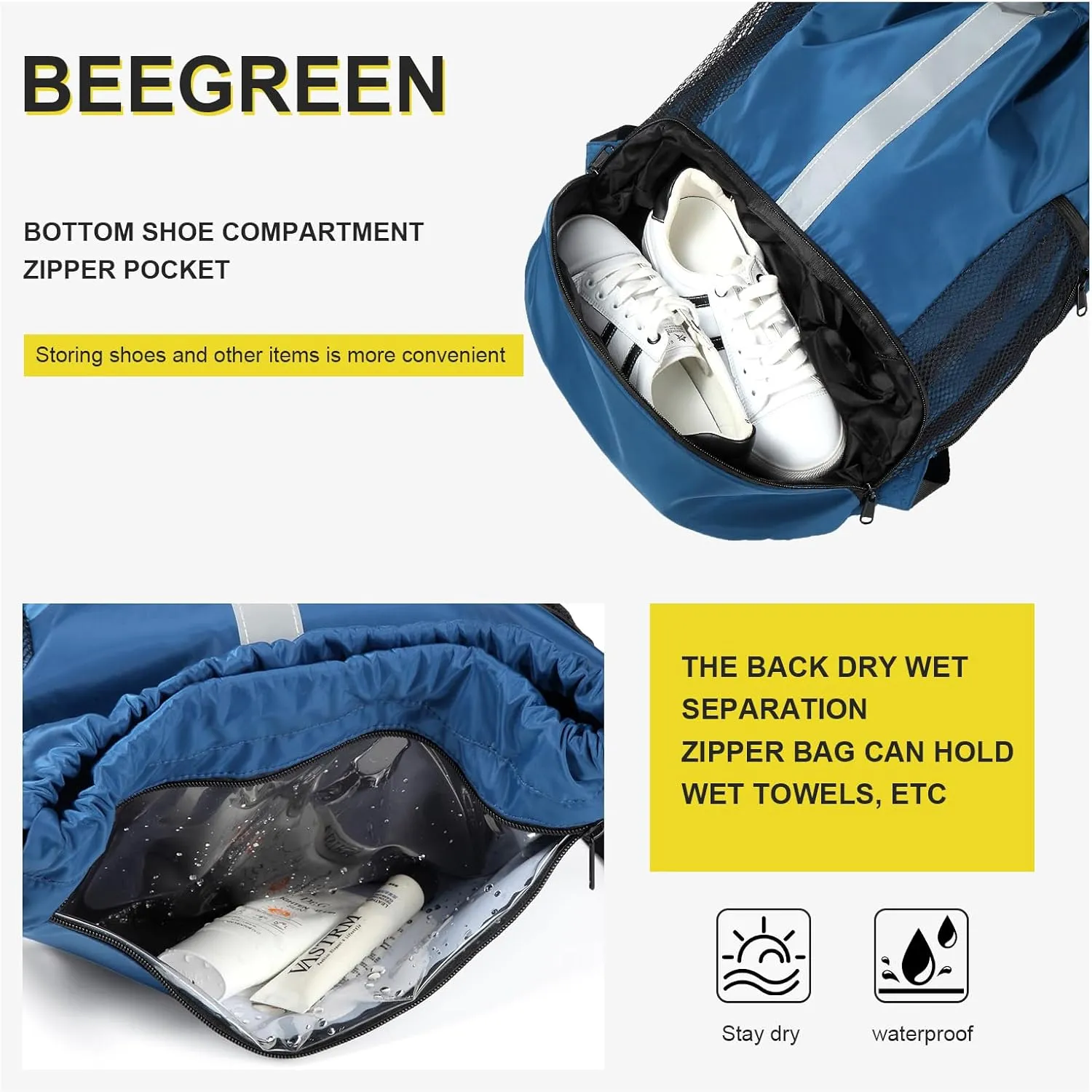 BeeGreen Drawstring Backpack Sports Gym Bag With Shoe Compartment and Two Water Bottle Holder 
