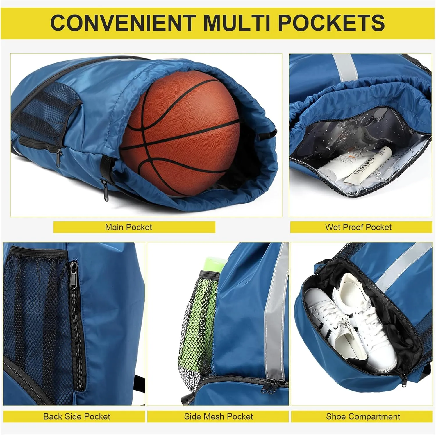 BeeGreen Drawstring Backpack Sports Gym Bag With Shoe Compartment and Two Water Bottle Holder 