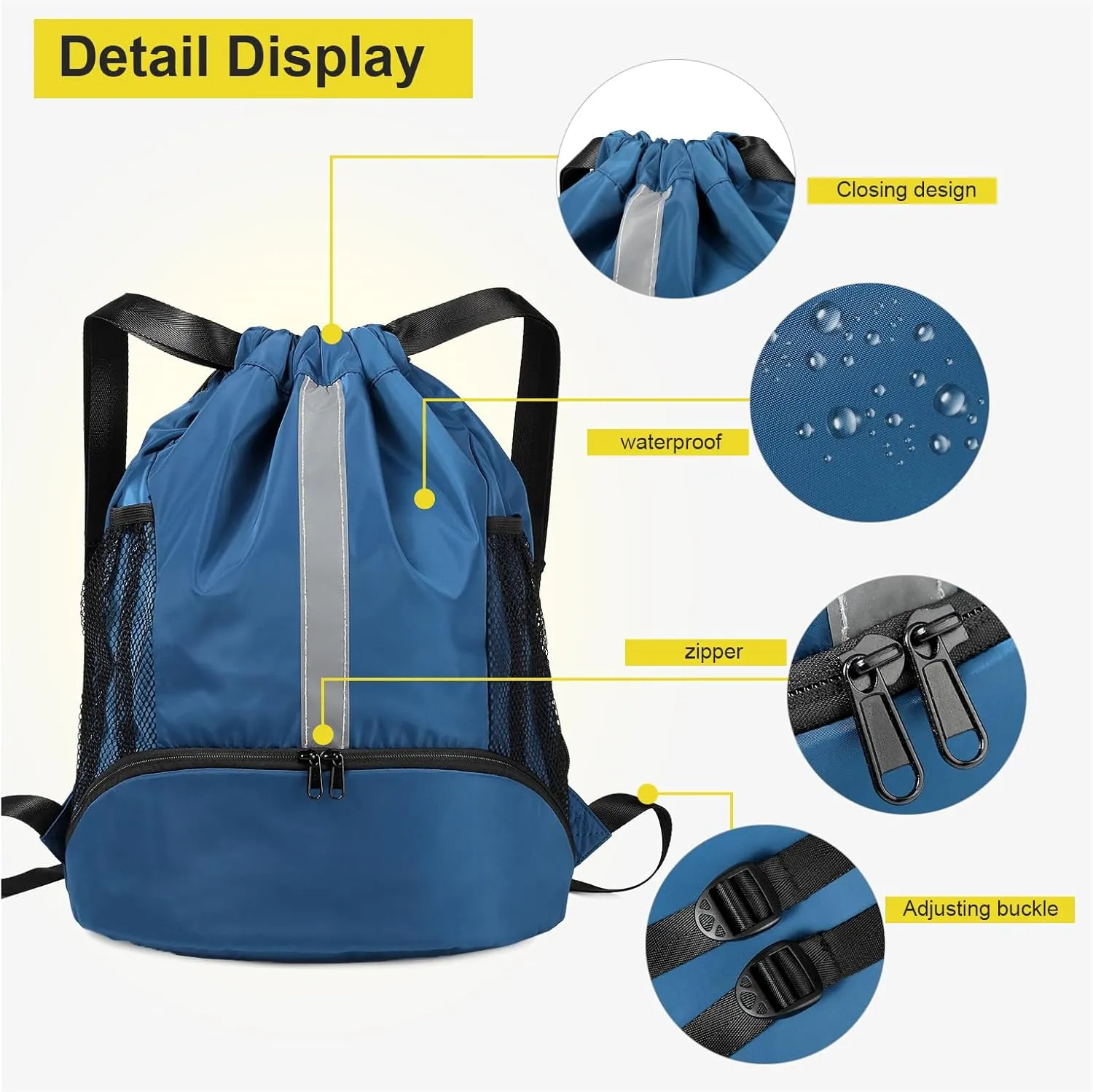 BeeGreen Drawstring Backpack Sports Gym Bag With Shoe Compartment and Two Water Bottle Holder 