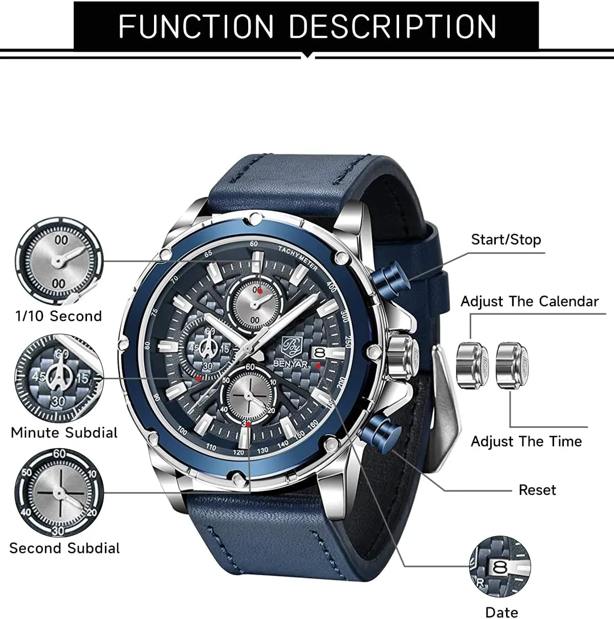 BENYAR Mens Watch Analog Quartz Movement Chronograph Leather Strap Waterproof Luminous Date Wristwatch Stylish Casual Business Wrist Watches Elegant Gift for Men